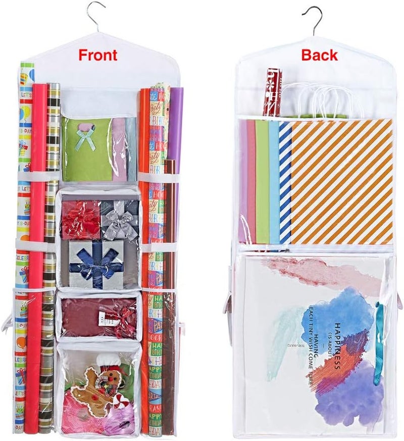 Primode Wrapping Paper Storage Hanging Over the Door Gift Wrap Organizer Double Sided Front and Back Pockets Store Gift Wrap Gift Bags Ribbon Bows Accessories 40”x17” Fits Long 40 Inch Rolls (White) - Image 1